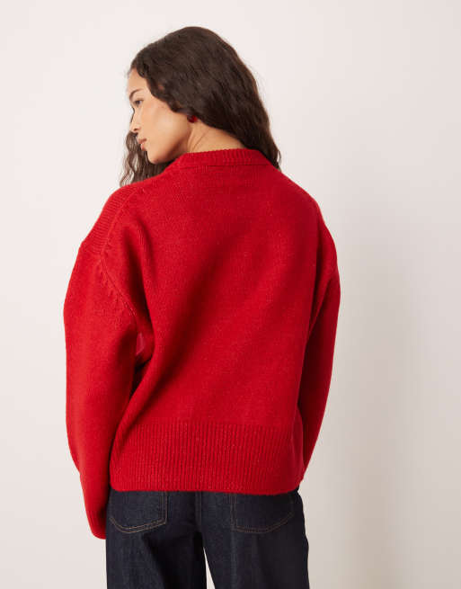 ASOS DESIGN boxy crew neck jumper with side split detail in red, 4 of 4