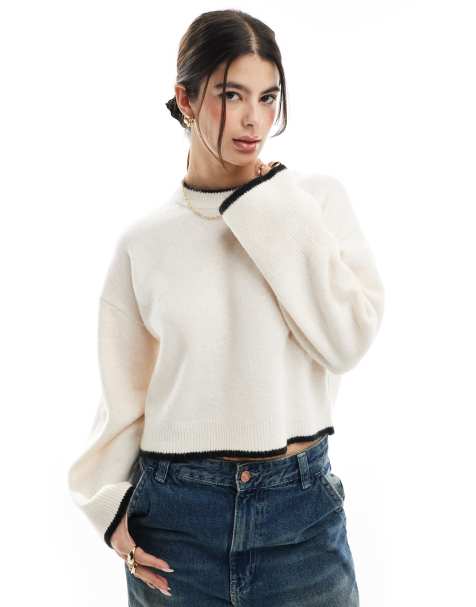 ASOS DESIGN boxy crew neck jumper with tipping detail in cream - view 1