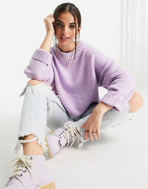 Women boxy crew neck jumper with turn back cuff in lilac 