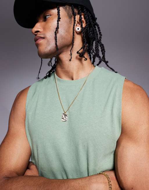 ASOS DESIGN boxy crew neck linen blend tank in khaki green