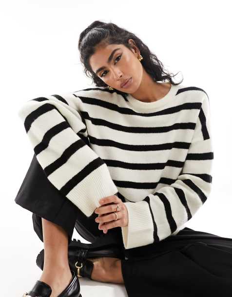 Women's Striped Sweater Black White Striped Sweaters Long Sleeve Knit  Pullover Tops Knitted Winter Slouchy Jumpers