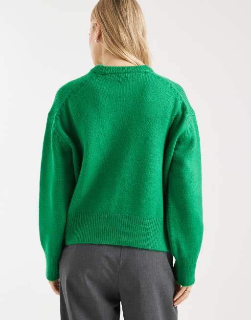 ASOS DESIGN boxy crew neck sweater with side slit detail in bright green, 4 of 4