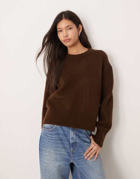 ASOS DESIGN boxy crew neck sweater with side slit detail in chocolate - view 1