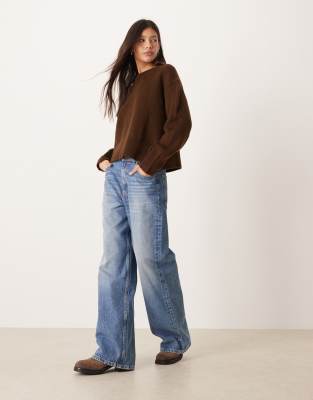 Asos Design Boxy Crew Neck Sweater With Side Slit Detail In Brown