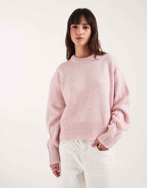 ASOS DESIGN boxy crew neck sweater with side slit detail in pale pink - view 1