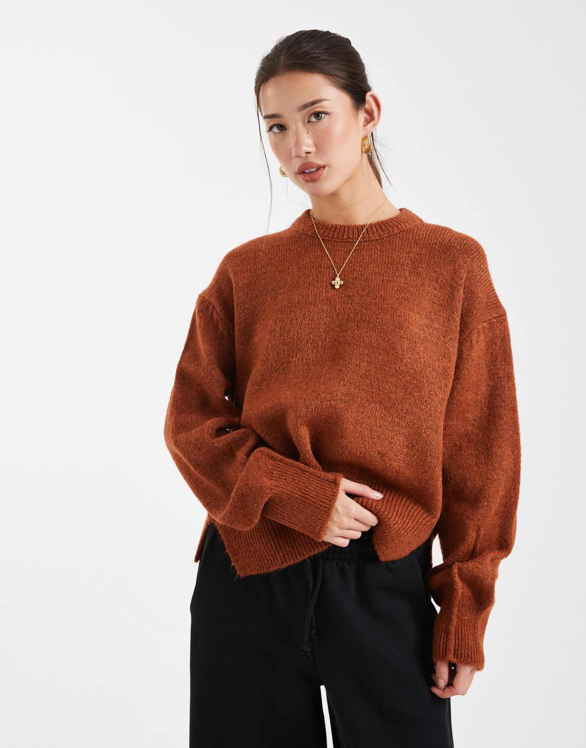 asos design boxy crew neck sweater with side slit detail in rust