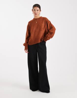 Asos Design Boxy Crew Neck Sweater With Side Slit Detail In Brown