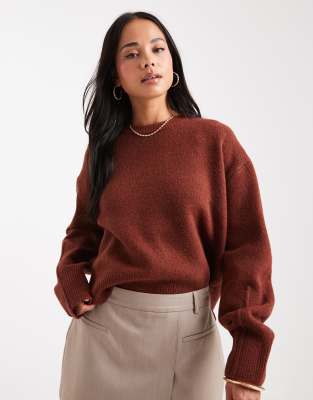 Asos Design Boxy Crew Neck Sweater With Side Slit Detail In Brown