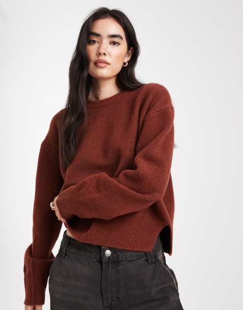 ASOS DESIGN boxy crew neck sweater with side slit detail in toffee - view 1