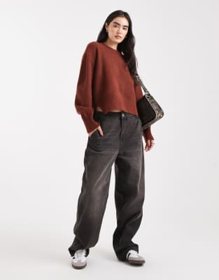 Asos Design Boxy Crew Neck Sweater With Side Slit Detail In Brown