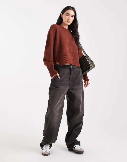 ASOS DESIGN boxy crew neck sweater with side slit detail in toffee