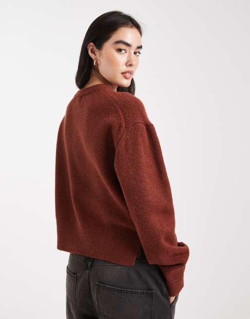 ASOS DESIGN boxy crew neck sweater with side slit detail in toffee