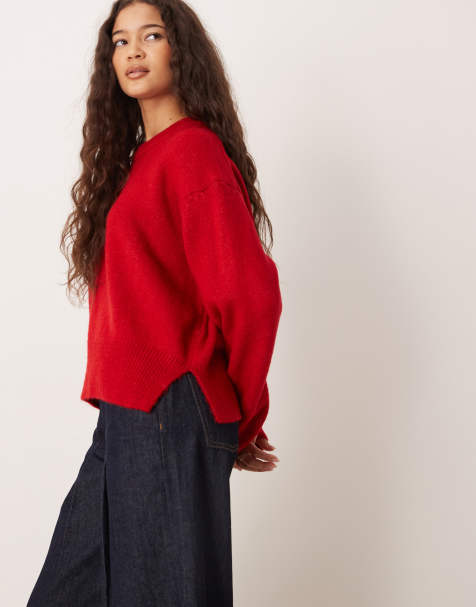 ASOS DESIGN boxy crew neck sweater with side slit detailing in red - view 1