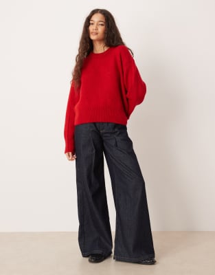 Asos Design Boxy Crew Neck Sweater With Side Slit Detailing In Red