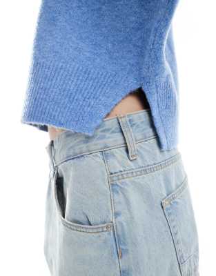 Asos Design Boxy Crew Neck Sweater With Side Split Detail In Blue