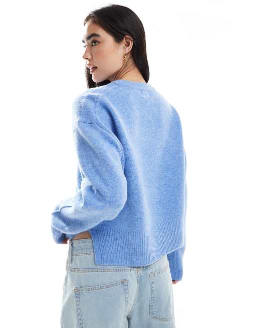 ASOS DESIGN boxy crew neck sweater with side split detail in blue