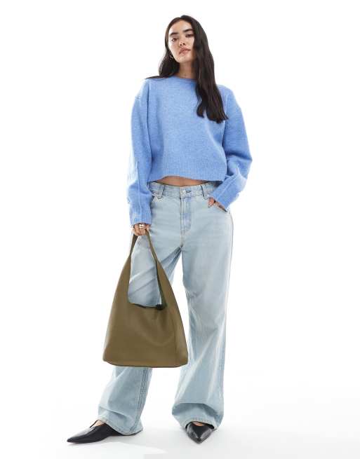 ASOS DESIGN boxy crew neck sweater with side split detail in blue