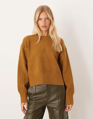 Asos Design Boxy Crew Neck Sweater With Side Split Detail In Brown