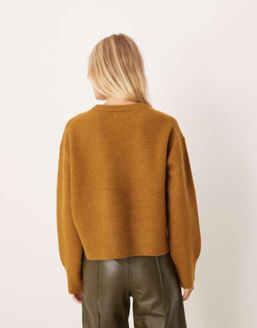 ASOS DESIGN boxy crew neck sweater with side split detail in brown