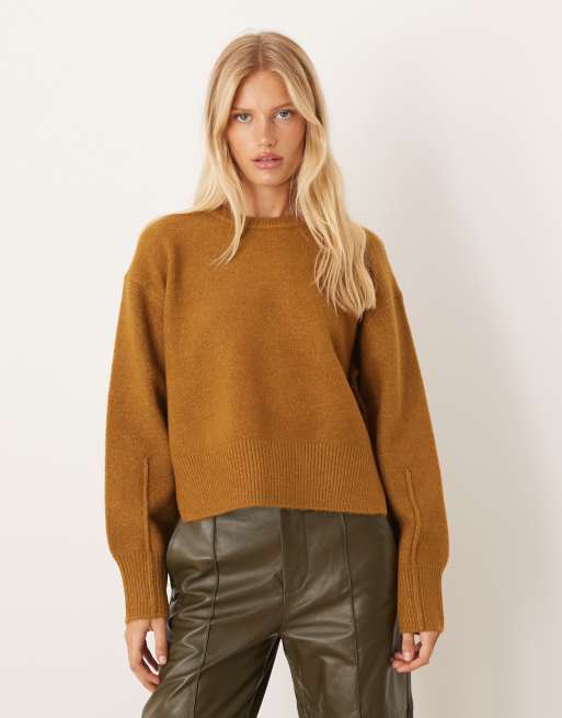 ASOS DESIGN boxy crew neck sweater with side split detail in brown