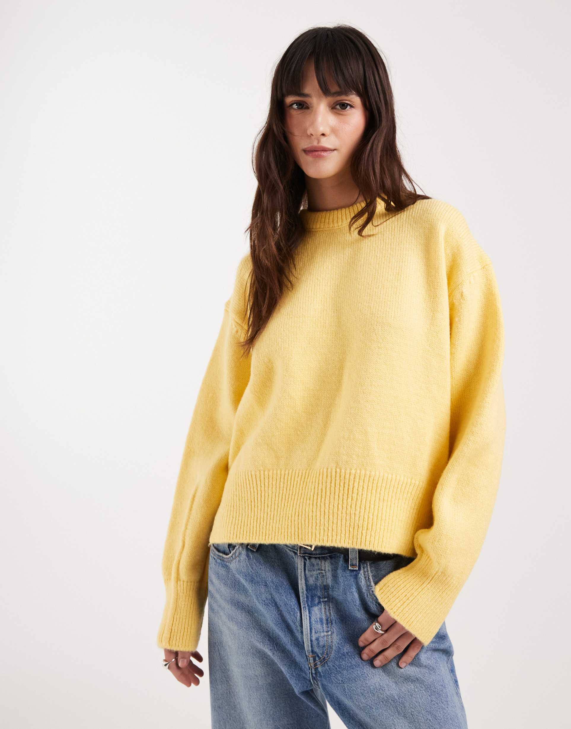 asos design boxy crew neck sweater with side split detail in butter