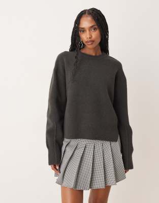 Asos Design Boxy Crew Neck Sweater With Side Split Detail In Gray