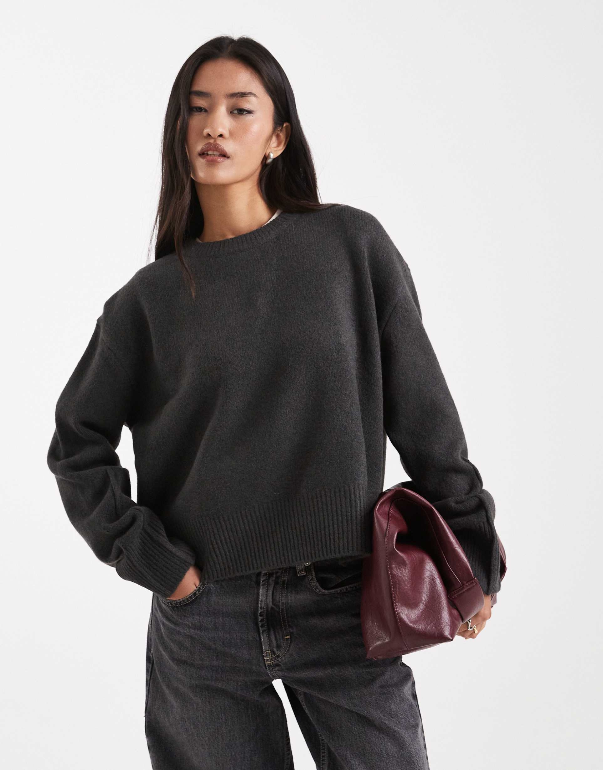 asos design boxy crew neck sweater with side split detail in charcoal