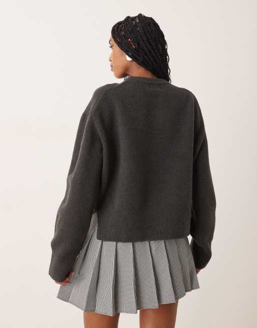 ASOS DESIGN boxy crew neck sweater with side split detail in charcoal