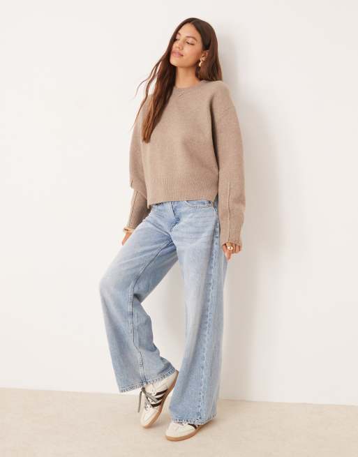 ASOS DESIGN boxy crew neck sweater with side split detail in mocha