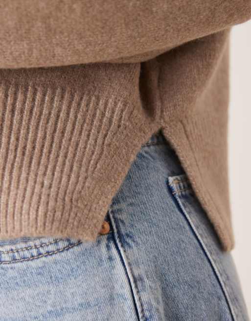 ASOS DESIGN boxy crew neck sweater with side split detail in mocha