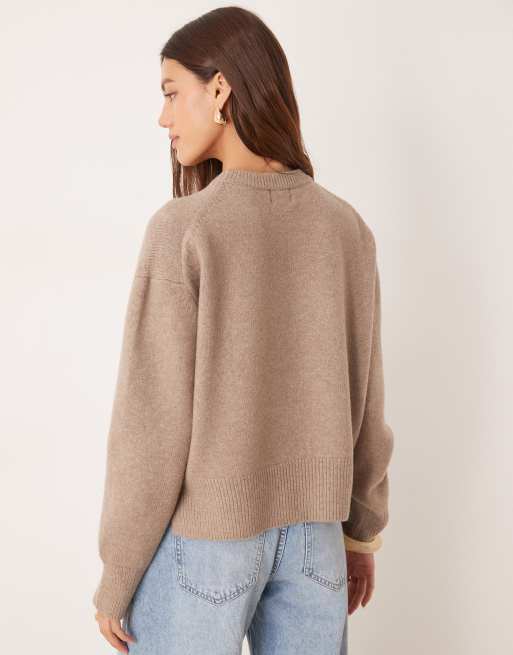 ASOS DESIGN boxy crew neck sweater with side split detail in mocha