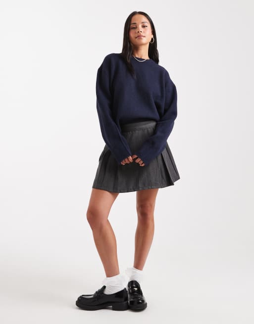 ASOS DESIGN boxy crew neck sweater with side split detail in navy