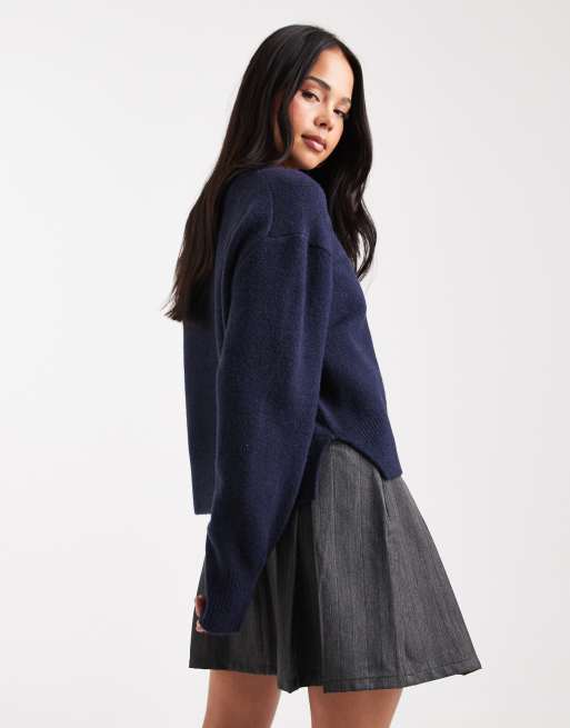 ASOS DESIGN boxy crew neck sweater with side split detail in navy