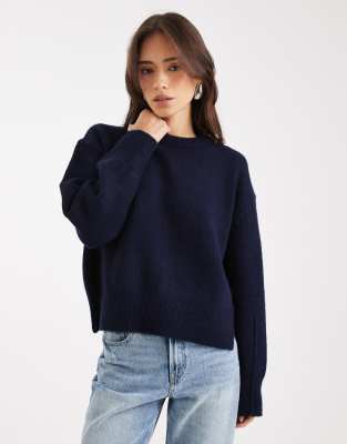 Asos Design Boxy Crew Neck Sweater With Side Split Detail In Blue