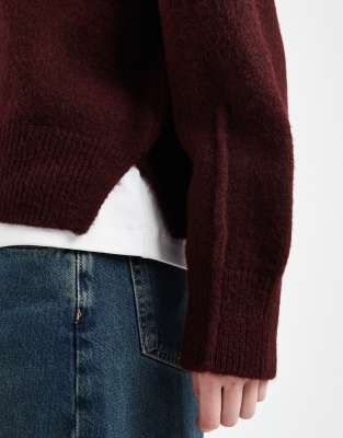 Asos Design Boxy Crew Neck Sweater With Side Split Detail In Burgundy