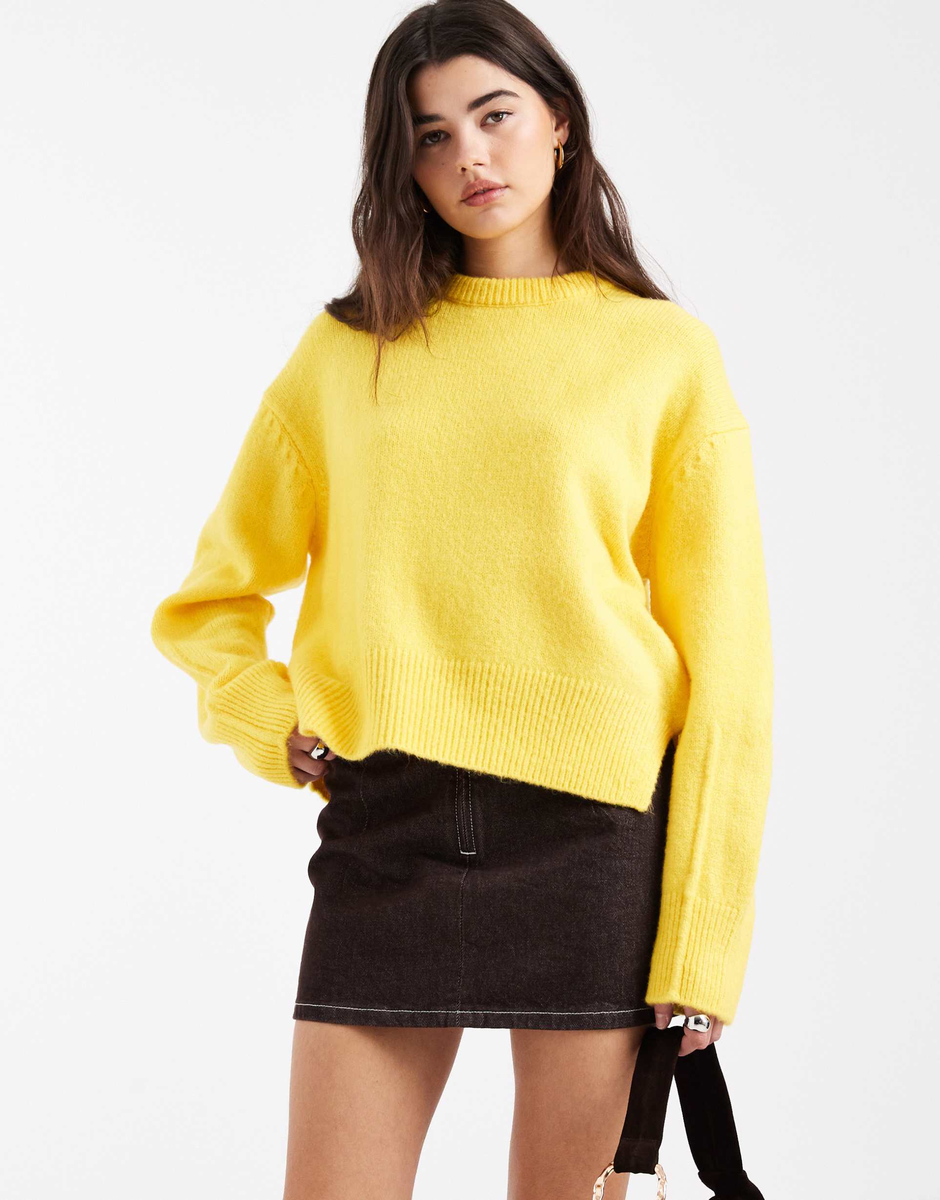 asos design boxy crew neck sweater with side split detail in yellow