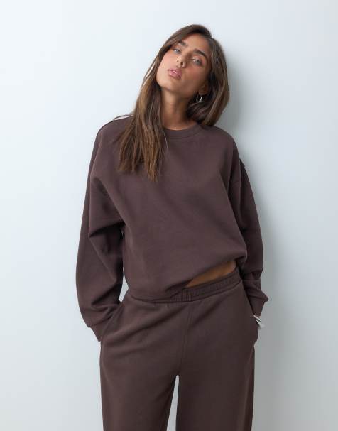 ASOS DESIGN Boxy crop brushback sweatshirt in brown - view 1