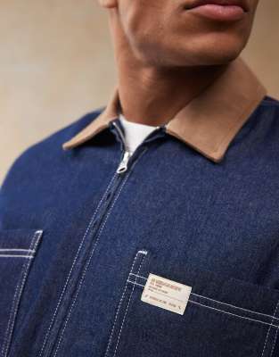 Asos Design Boxy Crop Denim Regular Shirt With Contrast Collar In Navy