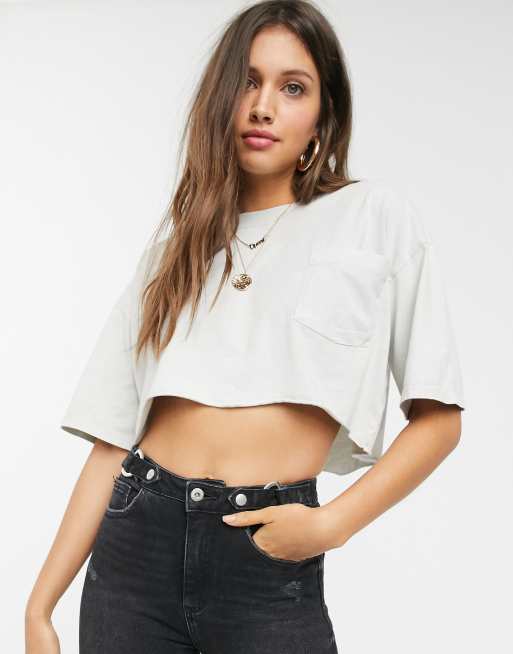ASOS DESIGN boxy crop oversized tshirt with washed pocket in white ASOS