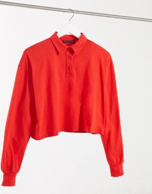 ASOS DESIGN boxy crop polo with long sleeve in red | ASOS