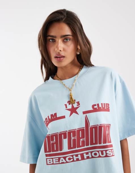 ASOS DESIGN boxy crop T-shirt with Barcelona graphic in baby blue