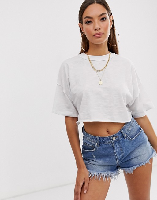 ASOS DESIGN boxy crop t-shirt with exposed seams in white | ASOS