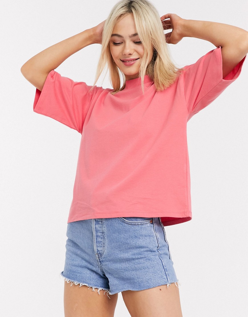 ASOS DESIGN boxy crop t-shirt with high neck in coral-Pink