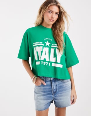 Asos Design Boxy Crop T-shirt With Italy Graphic In Green