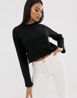 ASOS DESIGN boxy crop t-shirt with overlock in black | ASOS