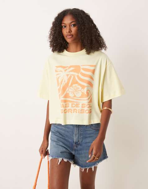 ASOS DESIGN boxy crop t-shirt with sol graphic in tender yellow - view 1