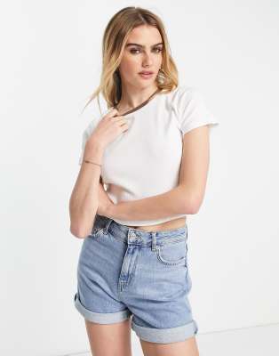 ASOS DESIGN boxy crop tee in rib with contrast binding in ecru and ...