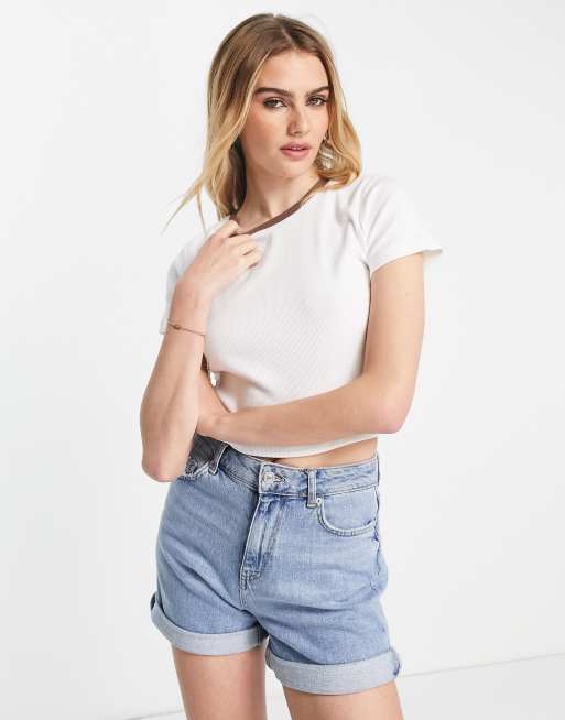 ASOS DESIGN boxy crop tee in rib with contrast binding in ecru and brown
