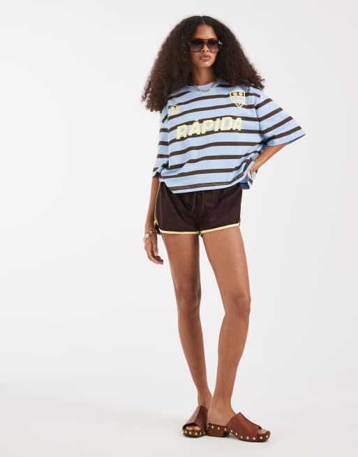 ASOS DESIGN Boxy crop tee with football graphic in blue and brown stripe, 2 of 4