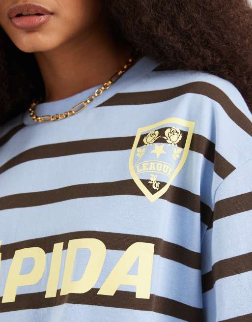 ASOS DESIGN Boxy crop tee with football graphic in blue and brown stripe, 3 of 4